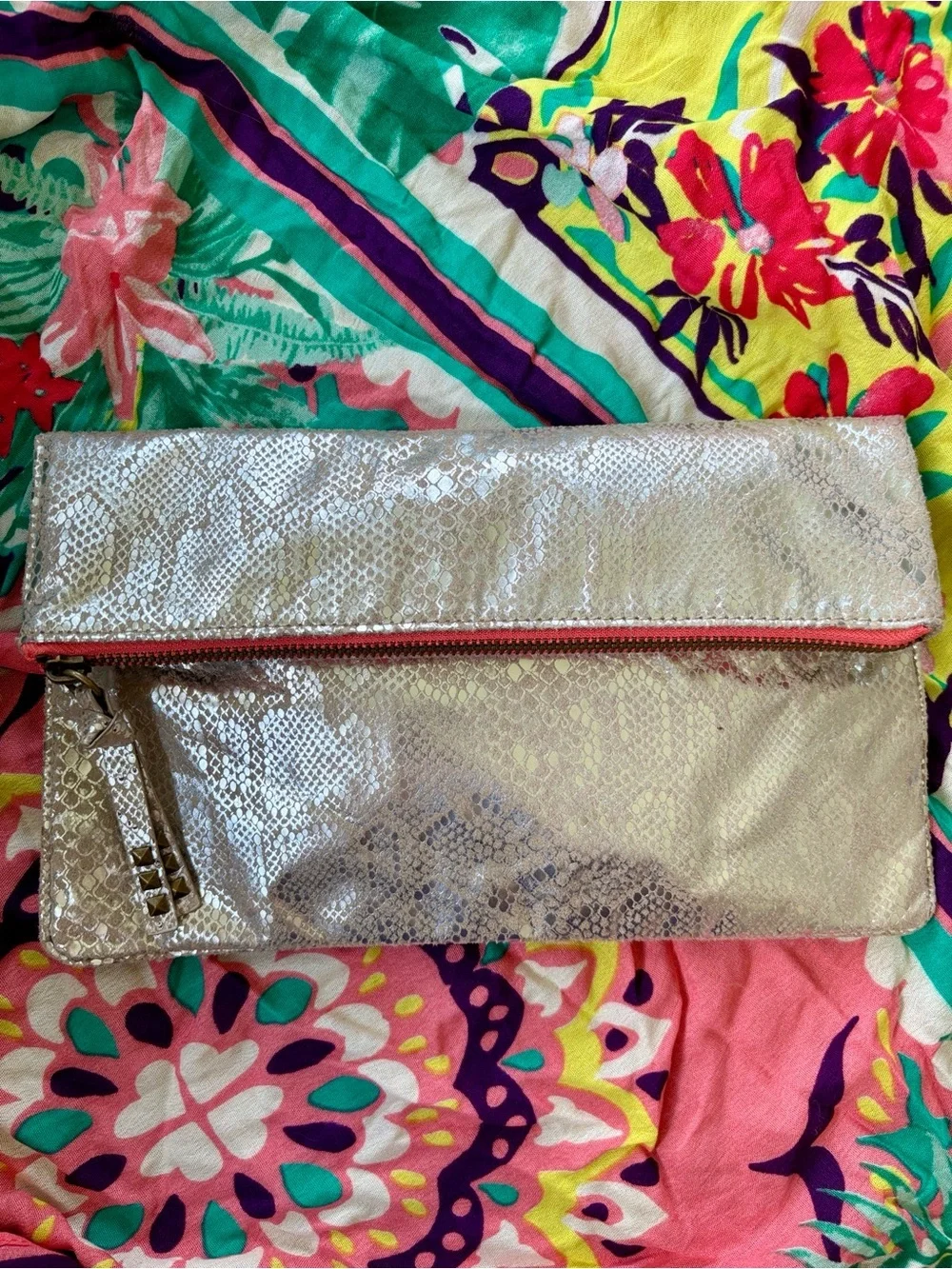 American Eagle Metallic Snakeskin Foldover Clutch Magnetic Snap Close Coral Zip